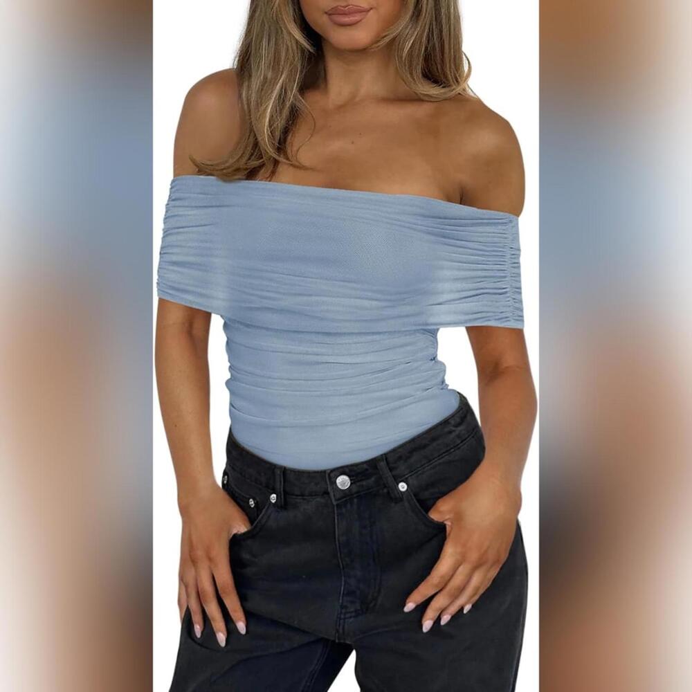 NWT UNCOOYEE Mesh Off Shoulder Ruched Thong Bodysuit, Blue, Small